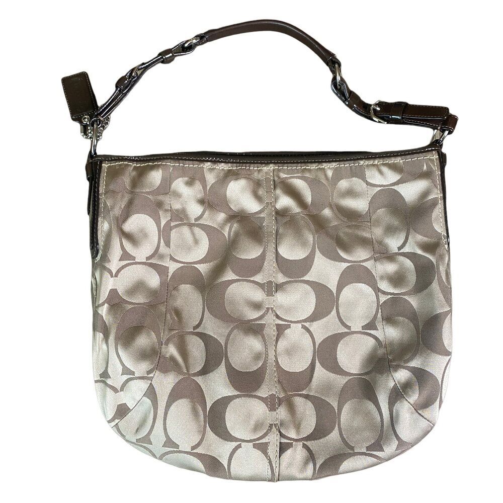 Coach Soho Sateen Signature Hobo Bag Gold Khaki Brown Tote - Picture 2 of 7
